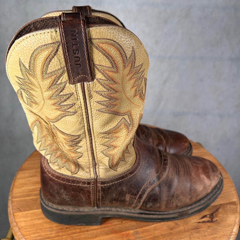 Justin Work Boots Mens 12EE Brown Leather Good WK4660 Western Square Toe - Picture 4 of 13